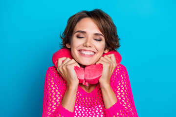 Canvas Print - Photo of excited funky lady dressed pink knitted shirt closed eyes relaxing travel auto pillow isolated blue color background