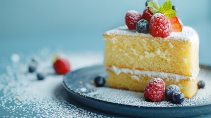 Wall Mural - Delicious sponge cake slice topped with fresh berries and mint leaves