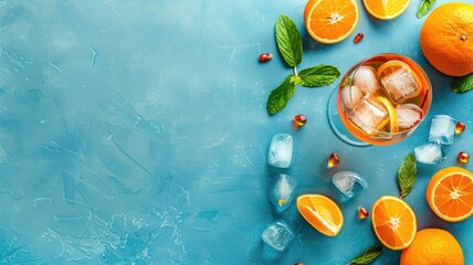 Wall Mural - Refreshing orange drink with ice, mint, and pomegranate on blue background