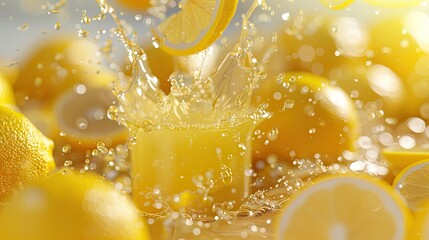 3D close-up of lemon juice splashing in a glass, surrounded by whole lemon fruits, focusing on the refreshing splash and citrusy appeal.