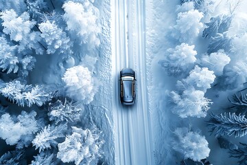 top view of a car driving on a winter road on scenery snowy nature landscape of forest