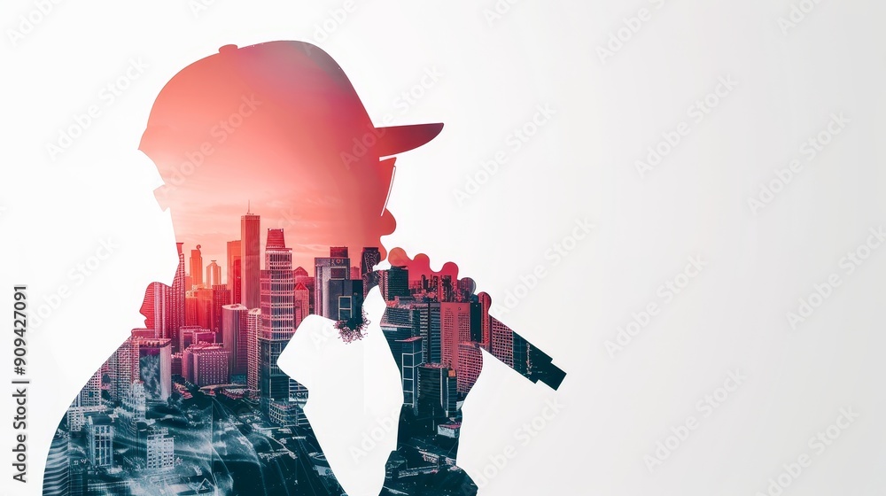 Dynamic rapper with a microphone, double exposure merging cityscape and ...