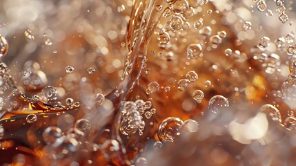 Close-up 3D render of cola pouring over ice, focusing on the sparkling bubbles and cold condensation with this inviting photo. bf