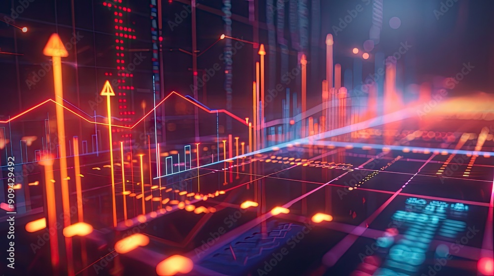 Detailed 3D model of financial symbols and charts with data points and ...
