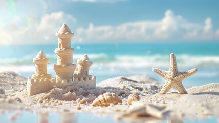 intricate sandcastle and seashells on sunny beach with clear blue skies ocean waves in background