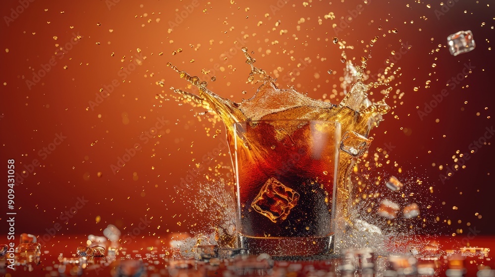 High-resolution 3D image of cola splashing into a glass filled with ice ...