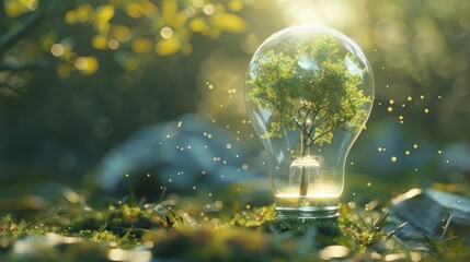 Modern 3D illustration of a tree inside a light bulb, representing innovative green energy with this inviting photo.