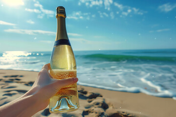 a bottle of champagne on the shore of a sandy beach on vacation, a refreshing carbonated alcoholic drink