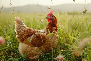 Poster - Brown hen is standing in a field of green grass