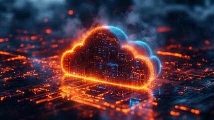 Aufkleber - Futuristic digital cloud with glowing circuits surrounded by a fiery effect, technology and data storage concept