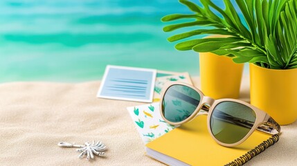 Wall Mural - A flat lay of sunglasses on a sand beach, including a plant, postcards