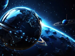 Wall Mural - A black and blue tech futuristic background featuring an abstract vector globe of planet Earth. Include satellites and rockets in orbit.