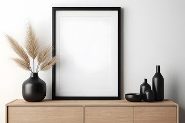 Wall Mural - Mockup of an empty poster frame in a white wall living room with a wooden sideboard with small green plants