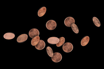 United States one cent coins in air on black background