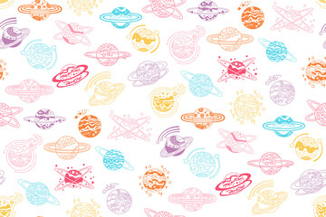Wall Mural - Fantasy planets doodle seamless pattern. Fantastic galaxy endless cosmos design repeat print, fabric textile. Abstract planets boundless background. Repeat wrapper space backdrop astronomical template