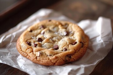 Wall Mural - Delicious chocolate chip cookie sprinkled with salt and resting on white paper