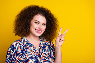 Wall Mural - Photo portrait of attractive young woman show v-sign dressed stylish colorful clothes isolated on yellow color background