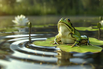 Wall Mural - A green frog sitting on a lily pad in a pond, looking up.