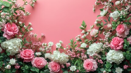 A blend of pink and white flowers with green foliage on a pink surface