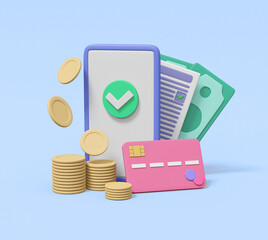 Canvas Print - 3D rendering of mobile phone icons, coins, checkmarks, banknotes, bills, checklist notes. Concept of digital financial management or successful payments and transactions and approvals.