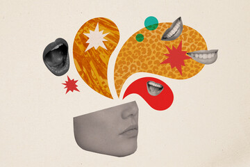 Poster - Composite collage image of head thoughts speech bubble smile mouth laugh talking billboard comics zine minimal