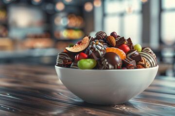 Wall Mural - A white bowl filled with assorted chocolate, nuts and fruit.