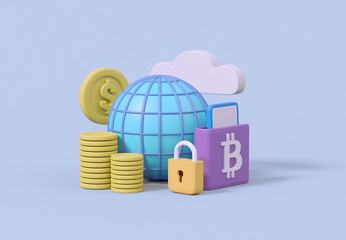 Canvas Print - 3D illustration with icons of wallet, coin, bitcoin, dollar, padlock, globe, mobile phone of modern global finance concept highlighting the integration of traditional assets and cryptocurrencies.