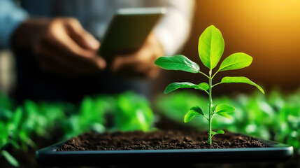 A person is holding a tablet and looking at a plant