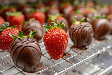 Sticker - Delicious chocolate covered strawberries cooling on a wire rack