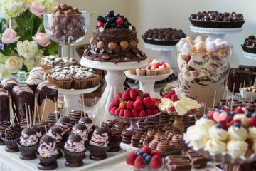 Wall Mural - Delicious desserts and cakes decorated with chocolate and strawberries displayed on table for party