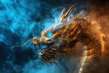 Wall Mural - majestic golden chinese dragon statue emerging from swirling mist eyes glowing with ethereal blue fire against a backdrop of ancient temple silhouettes