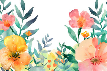 A vibrant watercolor floral border featuring pink, yellow, and orange flowers is complemented by natural greenery, creating a fresh and cheerful design with a bright aesthetic