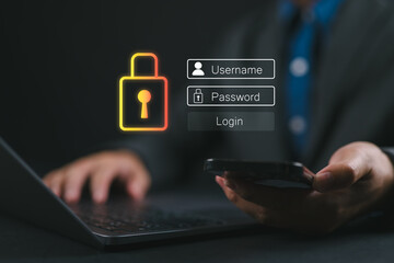 Fototapete - Concept of cybersecurity, cybersecurity and login and password, information security and encryption, secure Internet access, future technology and cybernetics.