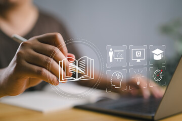 Leinwandbilder - E-learning education concept. Person use laptop with virtual screen of online e-learning icons for increase business working skills. learning online with webinar, video tutorial, internet lessons