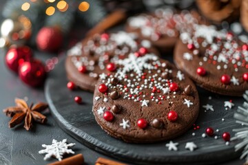 Sticker - Chocolate christmas cookies decorated with sugar sprinkles lying on a black slate plate with christmas decorations in the background