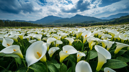 calla lily flower field with beautiful mountain for background