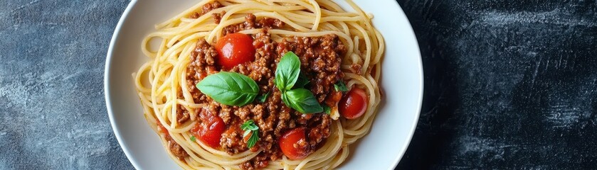 Wall Mural - Spaghetti bolognese in a white bowl on tech background