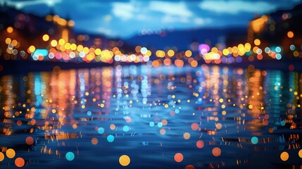 Wall Mural - a view across a river towards a brightly lit city, with the lights reflecting off the water and form
