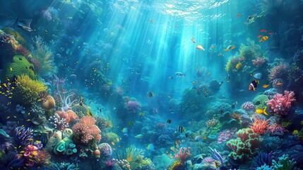 underwater seascape teeming with vibrant marine life coral reefs sunbeams penetrating surface world oceans day conservation message digital painting style