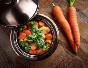 Beef stew with potatoes and carrots in a black bowl on a dark background