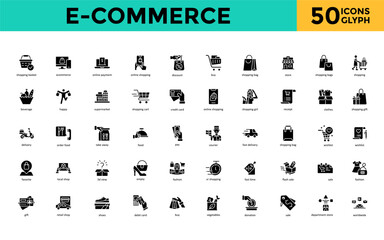 Poster - E-commerce icon set with shopping basket, ecommerce, online payment, online shopping, discount, buy, shopping bag, store, shopping bags icon. Simple glyph vector 
