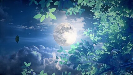 Wall Mural - 真夜中の満月と新緑