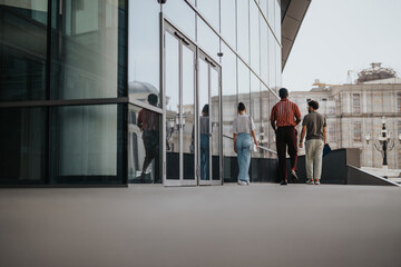 Three business people collaborate as they walk on a modern city walkway. The reflection on the glass building emphasizes the urban setting.