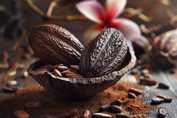 Sticker - Cocoa beans and pods are laying in a cocoa pod on a table covered with cocoa powder