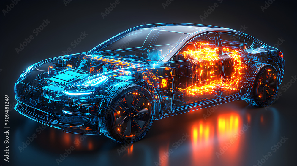 An electric car lithium battery pack is illustrated with power ...
