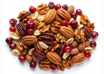 Vibrant arrangement of nuts including walnuts, almonds, and pecans mixed with crimson cranberries on a clean and crisp white background, perfect for healthy snacking.