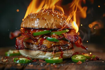 Wall Mural - Close-up of a burger with crispy bacon and spicy jalapeños, with flames creating a dramatic backdrop