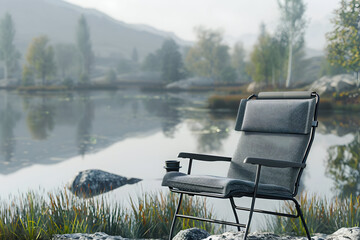 Wall Mural - A comfortable chair situated by a tranquil lake in the midst of a misty mountain landscape.