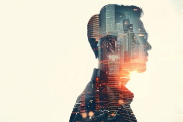 Wall Mural - Double exposure image featuring a businessman and a digital futuristic background, with clear copy space. The design symbolizes technological advancement and business acumen.