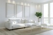 © julija - minimalist living room with three empty vertical picture frames clean white walls and sleek furniture creating a modern gallerylike space soft natural light enhancing the rooms serenity